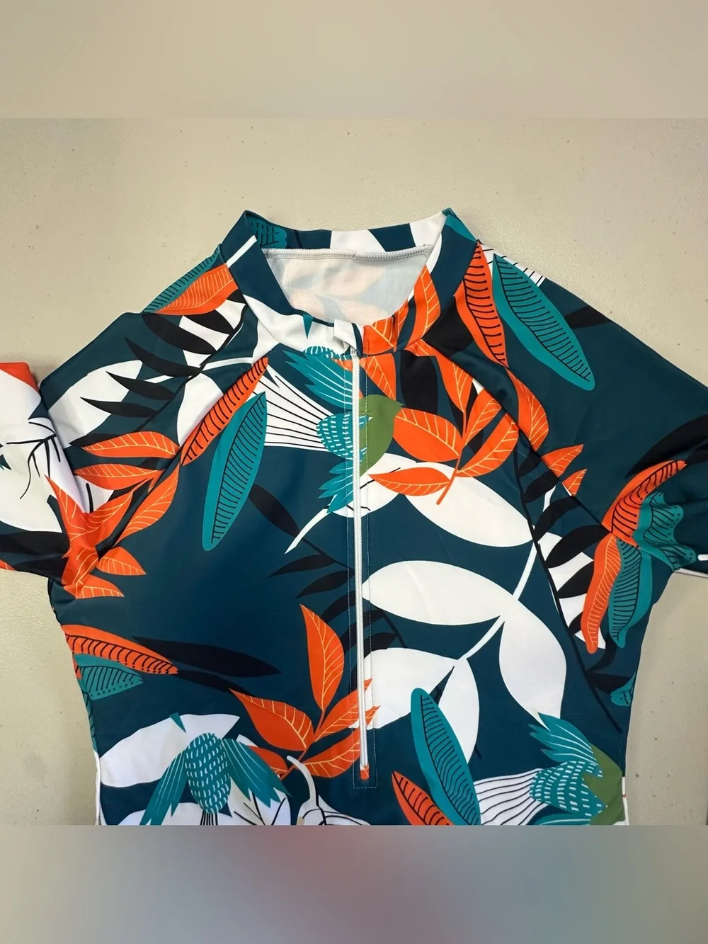 Long-Sleeve Teal Floral One-Piece Swim Suit with Front Zip